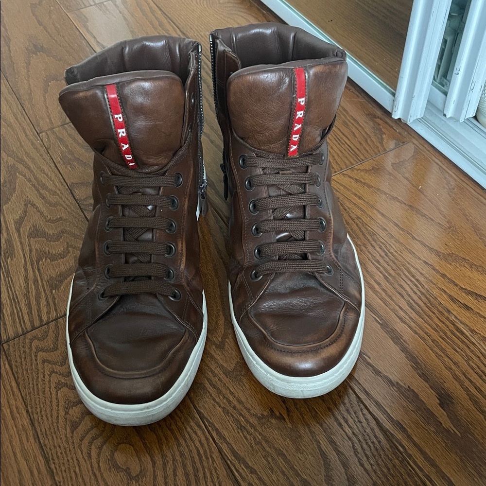 Prada Men's Dark Brown Leather Sneakers